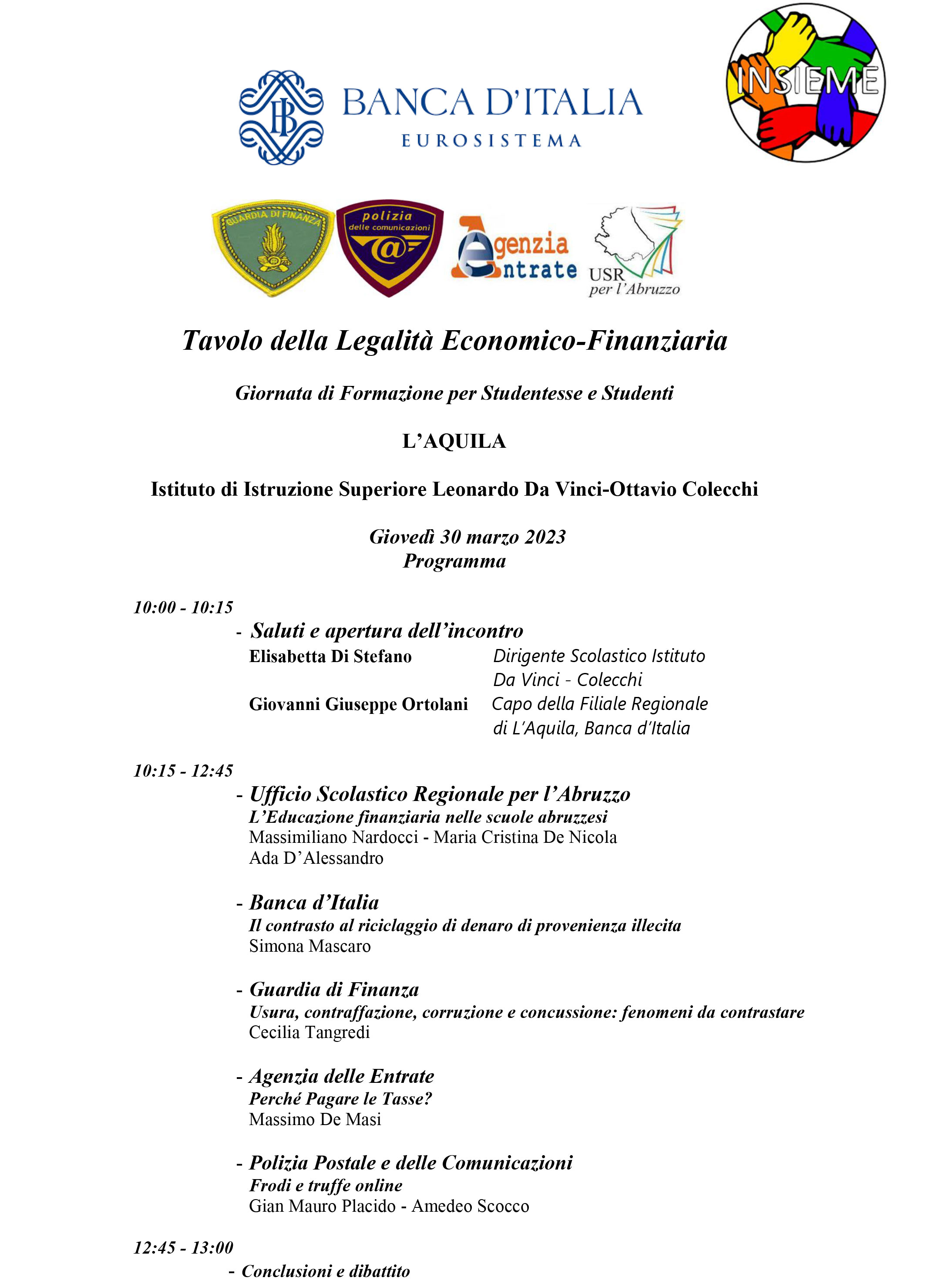 Tavolo della Legalità Abruzzo Programma 30 3 2023